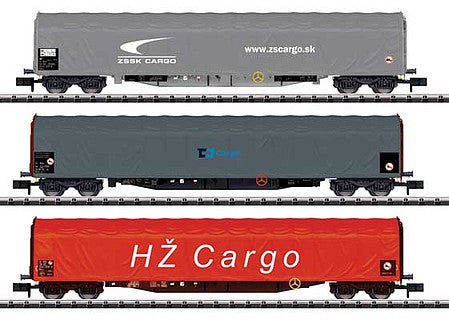 Trix 15116 N Scale Type Rilns Sliding Tarp Car 3-Pack - Ready to Run - Minitrix -- 1 Each: Cargo Slovakia (ZSSK Cargo), Ceske Drahy (CD Cargo), Hrvatske Zeljez