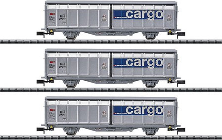 Trix 15282 N Scale Type Hbbillns Sliding-Wall Boxcar 3-Pack - Ready to Run - Minitrix -- Swiss Federal Railways SBB (Era VI; silver, blue; Cargo Logo)