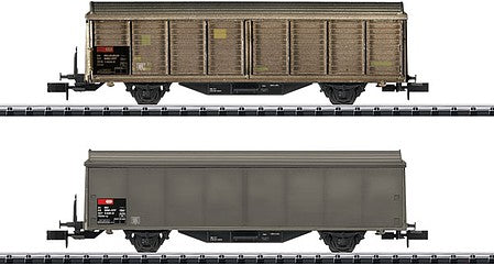 Trix 15307 N Scale Type Hbis-v Sliding-Wall Boxcar 2-Pack - Ready to Run - Minitrix -- Swiss Federal Railways SBB (Era V, weathered gray)