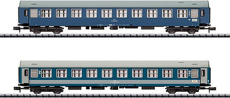Trix 15371 N Scale Orient Express Type Y-B 2nd Class Coach 2-Pack - Ready to Run - Minitrix -- 1 Each: CFR Romania and MAV Hungary (Era IV 1987; blue, gray; 2 Schemes)