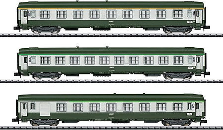 Trix 15372 N Scale Type A9 1st Class, B10 and B7D 2nd Class 3-Car Set - Ready to Run - Minitrix -- French State Railways SNCF (Orient Express Era IV 1987; green, gray)