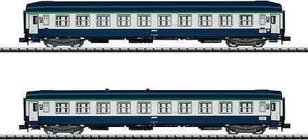 Trix 15373 N Scale Type B9c9x Hi-Roof and B9c9x 2nd Class Sleeper Set - Ready to Run - Minitrix -- French State Railways SNCF (Orient Express Era IV 1987; blue, gray, green)