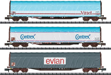 Trix 15375 N Scale Type Rils Sliding-Tarp Flatcar 3-Pack - Ready to Run - Minitrix -- French State Railways SNCF (Era V; Vittel, Contrex, Evian Mineral Water Scheme