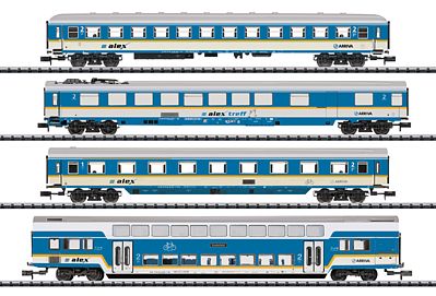 Trix 15390 N Scale ALEX 4-Car Passenger Set - Ready to Run - Minitrix -- Vogtlandbahn (Era VI; blue, white, yellow, silver)