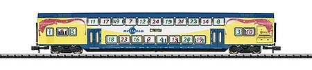 Trix 15396 N Scale Type DBdpza Bi-Level 2nd Class Coach - Ready to Run - Minitrix -- Metronom Railroad Co. (Era VI 2011, Advent Calendar; yellow, blue)