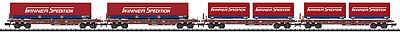 Trix 15403 N Scale Deep-Well 4 Flatcars with Trailers & Container Loads - Ready-to-Run - Minitrix -- German Federal Railway (Era VI, brown) with Winner Spedition Trailers (red)