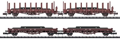 Trix 15411 N Scale Minitrix Type Rmrs 31 Stake Flatcar & Rms 31 Flatcar 4-Car Set - Ready to Run -- With Steel Plate Loads - German Federal Railway (Era IV, Boxcar Red)
