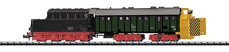 Trix 15422 N Scale Henschel Steam Rotary Snowplow with Tender and Working Plow Wheel - Minitrix -- German Federal Railway (Era IV 1970; green, black, red)