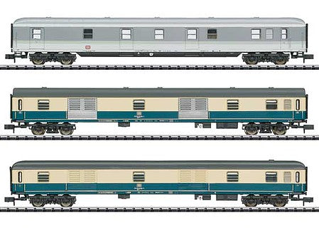 Trix 15424 N Scale Type Dm 902, Dm 903, Dm 903.1 Mail Car Set - Ready to Run - Minitrix -- German Federal Railroad DB (Postexpresszug ExprD 14117, Era V 1989, 2 Scheme
