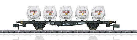 Trix 15437 N Scale Type Lbgjs 598 2-Axle Container Flatcar w/Tank Load - Ready to Run - Minitrix -- German Federal Railway (Era IV; black, white Containers)