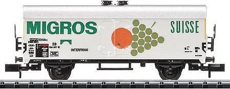 Trix 15440 N Scale Type Tehs Refrigerator Car - Ready to Run - Minitrix -- Migros (Era III; white, green, orange)