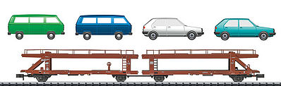 Trix 15441 N Scale Type Laekks 553 Articulated Auto Carrier w/8 Vehicles - Ready to Run - Minitri -- German Federal Railway #1 (Era IV 1985, Boxcar Red)
