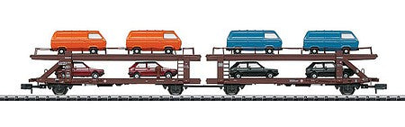 Trix 15442 N Scale Type Laekks 553 Articulated Auto Carrier w/8 Vehicles - Ready to Run - Minitri -- German Federal Railway #2 (Era IV 1985, Boxcar Red)