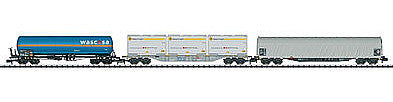 Trix 15443 N Scale Freight Transport 3-Car Freight Set - Ready to Run - Minitrix -- DB Sliding Tarp, Wascosa Pressurized Tank & Innotrans Container Car (Era IV)