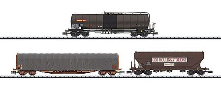 Trix 15448 N Scale SNCF 3-Car Freight Set - Ready to Run - Minitrix -- French State Railways SNCF & Private Cars (Era V)