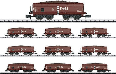 Trix 15449 N Scale Type OOtz 44 Erz Id Hopper Car with Load 10-Pack - Ready to Run - Minitrix -- German Federal Railway (Era III 1952, Boxcar Red)