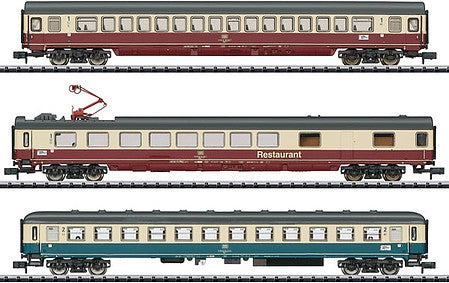 Trix 15459 N Scale IC 611 Gutenberg Coach, Diner, Compartment Car Set - Ready to Run - Minitrix -- German Federal Railway (Era IV 1984; red, ivory, blue, Ivory Schemes)