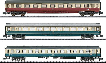 Trix 15460 N Scale IC 611 Gutenberg 2 Compartment and 1 Coach Set - Ready to Run - Minitrix -- German Federal Railway (Era IV 1984; red, ivory, blue, Ivory Schemes)