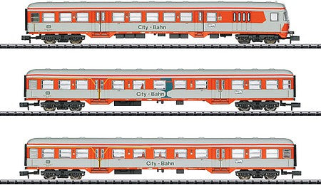 Trix 15474 N Scale Type BDnrzf 784 Cab Car, ABnrzb 772.1, ABnrzb 772.1 Coach Set - Ready to Run -- German Federal Railway (Era IV, City-Bahn; orange, ivory, gray)