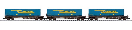 Trix 15481 N Scale Type Sdgmss Deep-Well Flatcar w/Trailer 3-Pack - Ready to Run - Minitrix -- Austrian Federal Railways OBB (Era V; brown, Blue LKW Walter Trailers)