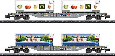 Trix 15488 N Scale Type Sgns Container Flatcar, Reefer Containers 2-Pack - Ready to Run - Minit -- Swiss Federal Railways SBB (Era VI 2017; gray, McDonalds & Aldi Containers)