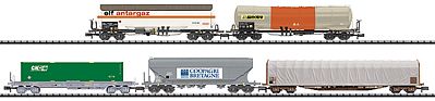 Trix 15516 N Scale Minitrix French SNCF 5-Car Era V Freight Set w/Mixed Roadnames - Ready to Run -- Petroleum Tank Car, Gas Tank Car, Grain Hopper, Sliding Tarp & Deep Well Flats