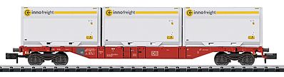 Trix 15518 N Scale Minitrix Type Sgns Container Flatcar w/XXL WoodTainer Load - Ready to Run -- German Federal Railway (Era VI, Traffic Red; 3 Innofreight Containers, white)
