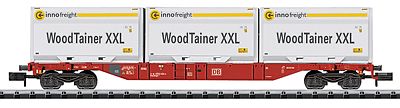 Trix 15519 N Scale Minitrix Type Sgns Container Flatcar w/XXL WoodTainer Load - Ready to Run -- German Federal Railway (Era VI, Traffic Red; 3 Innofreight Containers, White)