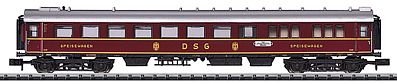 Trix 15527 N Scale Minitrix Type WR 4Ÿ(e) Diner - Ready to Run -- German Federal Railway (Era III; maroon, silver; DSG Markings)