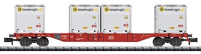 Trix 15530 N Scale Minitrix Type Sgns Container Flatcar w/4 XS WoodTainer Load - Ready to Run -- German Federal Railway (Era VI, Traffic Red; 4 Innofreight Containers, white)