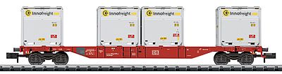 Trix 15531 N Scale Minitrix Type Sgns Container Flatcar w/4 XS WoodTainer Load - Ready to Run -- German Federal Railway (Era VI, Traffic Red; 4 Innofreight Containers, white)