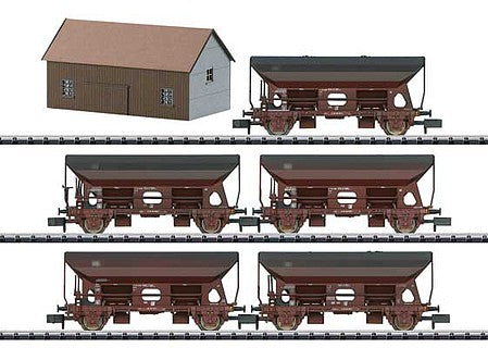 Trix 15536 N Scale Type Fcs 090 and Fcs 092 Hopper 5-Pack - Ready to Run - Minitrix -- German Federal Railroad DB (Era IV, Boxcar Red)