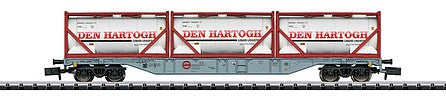 Trix 15537 N Scale Type Sgns Container Flatcar with Tank Container Load - Ready to Run - Minitrix -- RN-HRC (gray, 3 Den Hartough Containers)