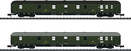 Trix 15540 N Scale Type Post mr-a Mail Car 2-Pack - Ready to Run - Minitrix -- German Postal System DBP (Era IV 1978; green, black)