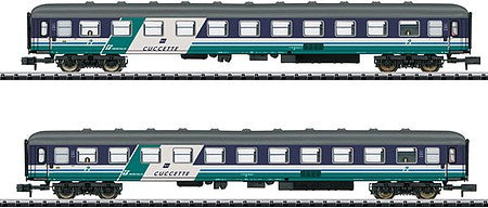 Trix 15541 N Scale Type UIC-X (Bcm) Sleeper 2-Pack - Ready to Run - Minitrix -- Italian State Railways FS (Era VI; blue, green, white)