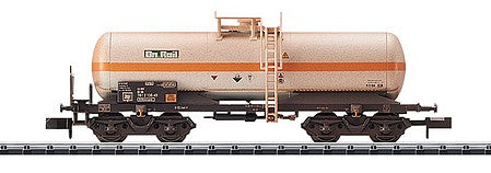 Trix 15584 N Scale Chlorine Gas Tank Car - Ready to Run - Minitrix -- On Rail #4 (Weathered, Era V; gray, orange, black)