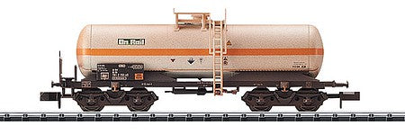 Trix 15585 N Scale Chlorine Gas Tank Car - Ready to Run - Minitrix -- On Rail #5 (Weathered, Era V; gray, orange, black)