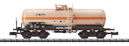 Trix 15586 N Scale Chlorine Gas Tank Car - Ready to Run - Minitrix -- On Rail #6 (Weathered, Era V; gray, orange, black)