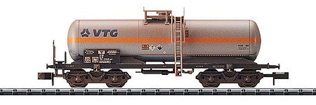 Trix 15587 N Scale Chlorine Gas Tank Car - Ready to Run - Minitrix -- VTG #1 (Weathered, Era V; gray, orange, blue, black)