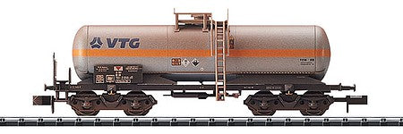 Trix 15588 N Scale Chlorine Gas Tank Car - Ready to Run - Minitrix -- VTG #2 (Weathered, Era V; gray, orange, blue, black)