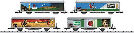 Trix 15610 N Scale Type Hbils-vy Sliding Wall Boxcar 2-Pack - Ready to Run - Minitrix -- Feldschlosschen Brewery (Era V, Full Color Graphics)
