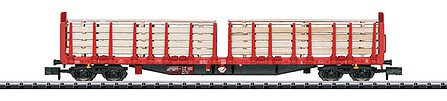 Trix 15650 N Scale Type Roos 639 Stake Lumber Car with Load - Ready to Run - Minitrix -- German Federal Railway (Era V; red, black)