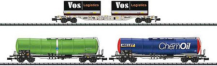 Trix 15651 N Scale Hupac 3 Freight Car Set - Ready to Run - Minitrix -- 2 4-Axle Tank Cars (SBB & Millet), Sgns Container Car (Hupac)