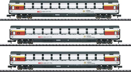 Trix 15674 N Scale Type Apm EuroCity 1st Class Panorama Car 3-Pack - Ready to Run - Minitrix -- Swiss Federal Railways SBB/CFF/FFS (Era VI 2018; black, white, red; Gotthard)