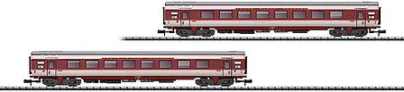 Trix 15691 N Scale Grand-Comfort 1st Class Coach 2-Pack - Ready to Run - Minitrix -- French State Railways SNCF (Era IV, TEE Capitole; maroon, white, gray)
