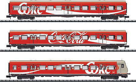 Trix 15708 N Scale S-Bahn Type Bxf 796.1 Cab Car, ABx 791.1, Bx 794.1 Coach Set - Ready to Run -- German Federal Railway (Era V 1992, Cola-Cola Scheme; red, white)