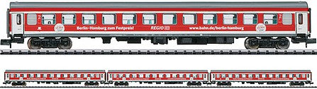 Trix 15711 N Scale Berlin-to-Hamburg Express Type Bimz 546.8 4-Car Set - Ready-to-Run - Mini-Trix -- German Federal Railway (Era VI; red, gray)