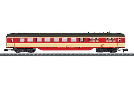 Trix 15714 N Scale Lounge Car - Ready to Run - Minitrix -- Austrian Federal Railways OBB (Era IV, red, yellow, black)