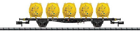 Trix 15740 N Scale Type Lbgjs 598 2-Axle Container Flatcar - Ready to Run - Minitrix -- German Federal Railway (Era V; black, 5 Yellow LCL Containers)