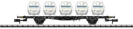 Trix 15742 N Scale Type Lbgjs 598 2-Axle Container Flatcar - Ready to Run - Minitrix -- German Federal Railway (Era IV, black; 5 Weinhenstephan Beer LCL Containers)